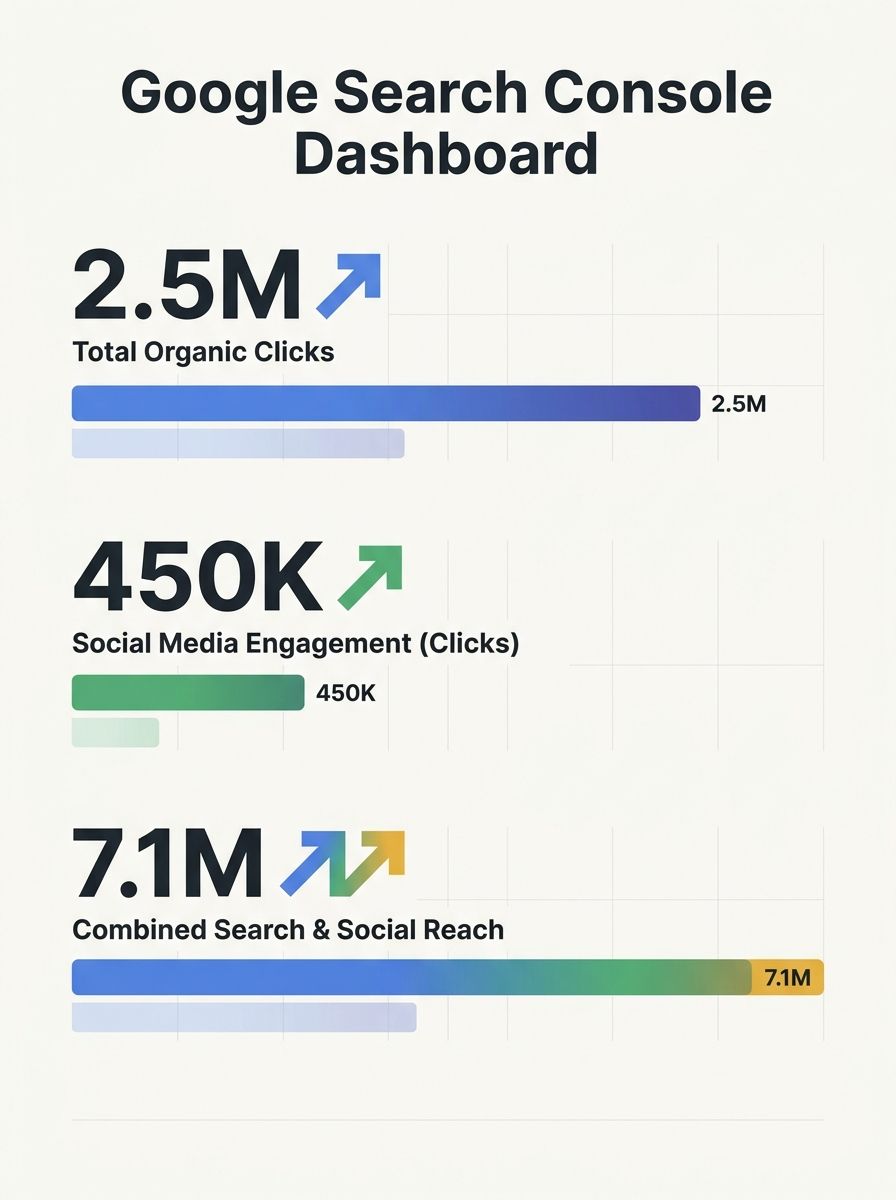 Google Search Console dashboard showing social media performance metrics alongside traditional organic search data