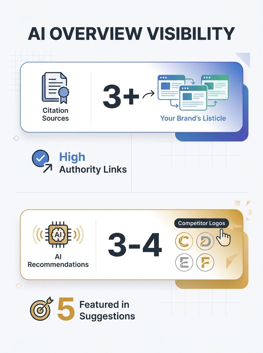 Split-screen comparison showing a brand's listicle appearing in citation sources while competitor logos fill the recommendation section of an AI Overview