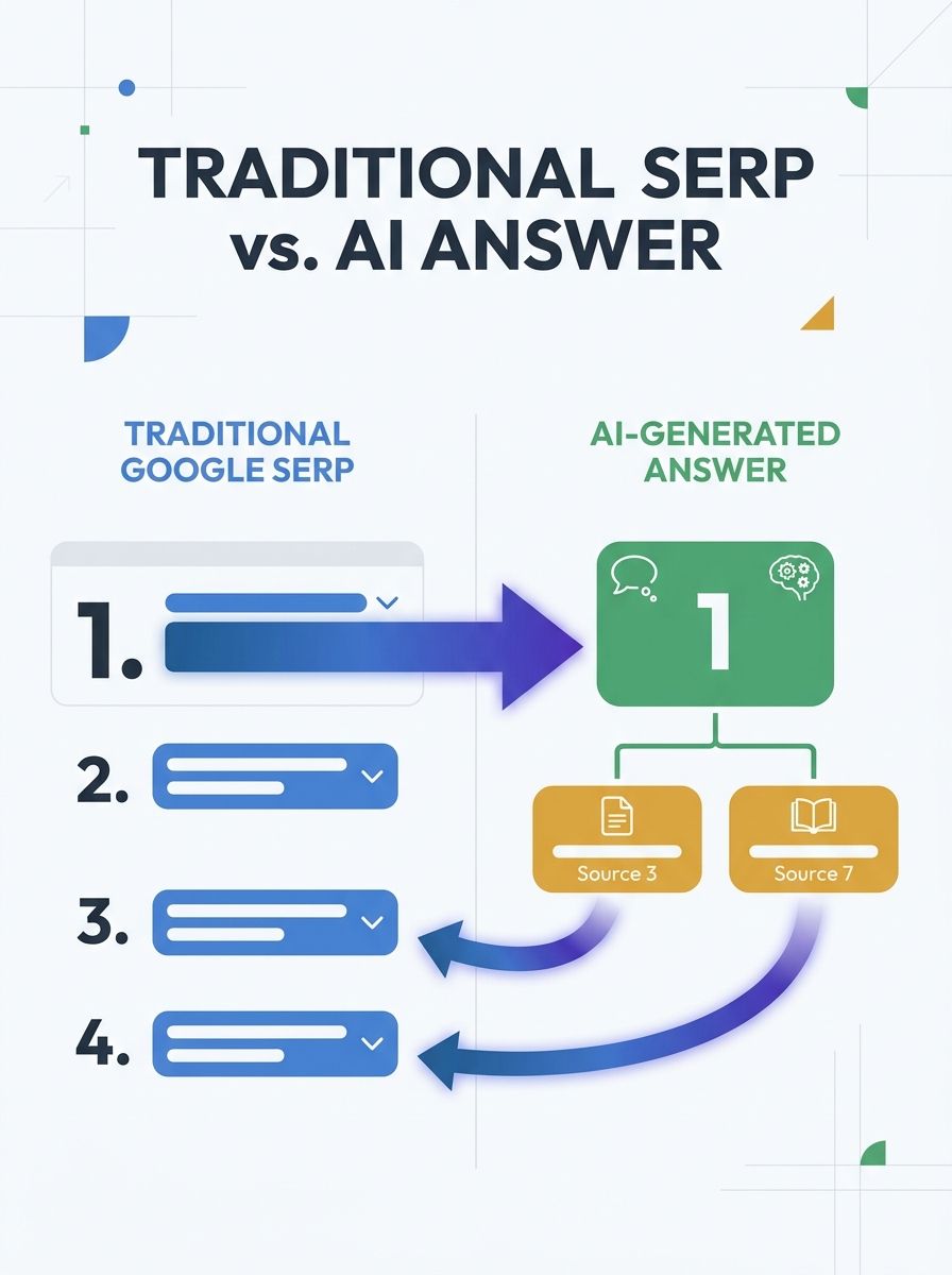 A split-screen comparison showing a traditional Google SERP with blue links on the left and an AI-generated answer citing various sources on the right, with arrows highlighting how citation sources di