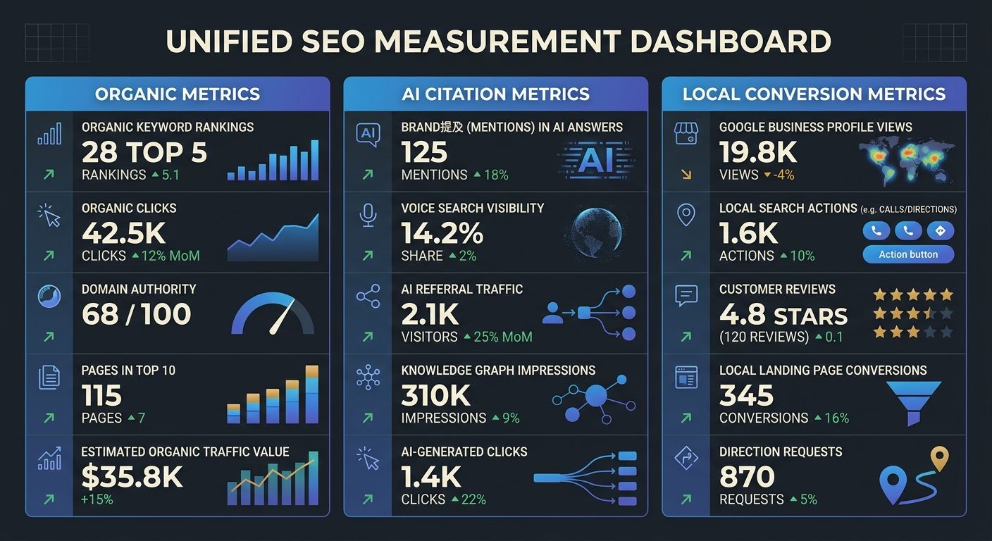 An infographic showing a unified SEO measurement dashboard divided into three columns for Organic Metrics, AI Citation Metrics, and Local Conversion Metrics, each listing five specific KPIs with sampl
