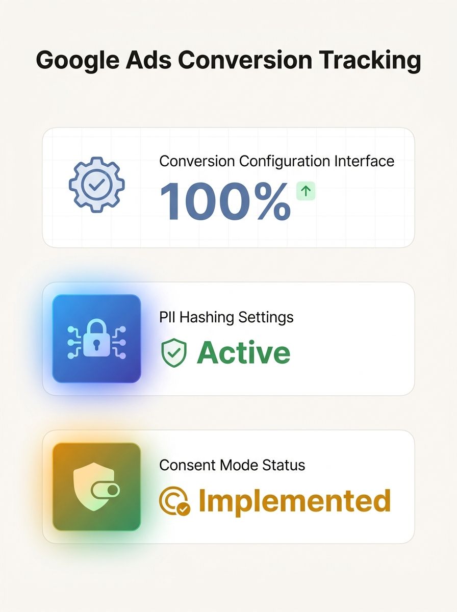 Digital dashboard showing Google Ads conversion tracking configuration interface with PII hashing and Consent Mode settings highlighted