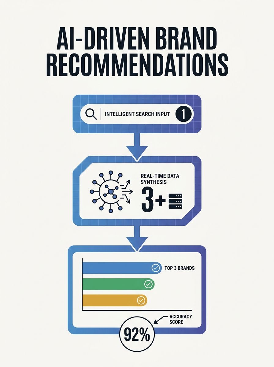 AI search interface displaying brand recommendations synthesized from third-party sources