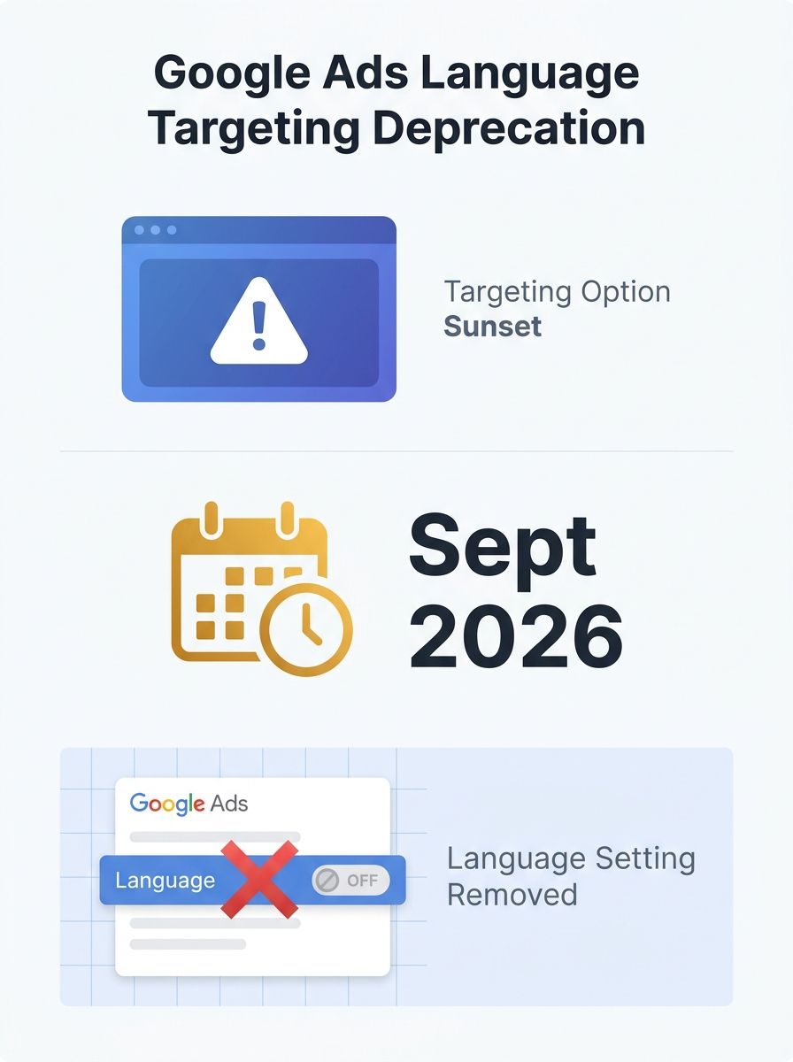 Google Ads campaign settings interface showing language targeting options being deprecated in September 2026