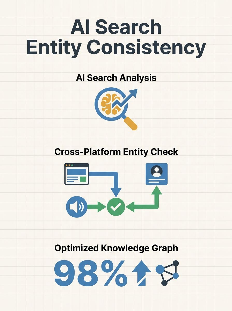 SEO specialist reviewing AI search results on multiple screens showing entity consistency across platforms