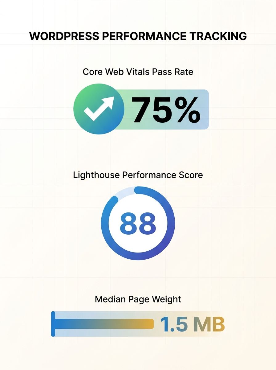 HTTP Archive dashboard showing Core Web Vitals, Lighthouse, and page weight tracking categories for WordPress sites