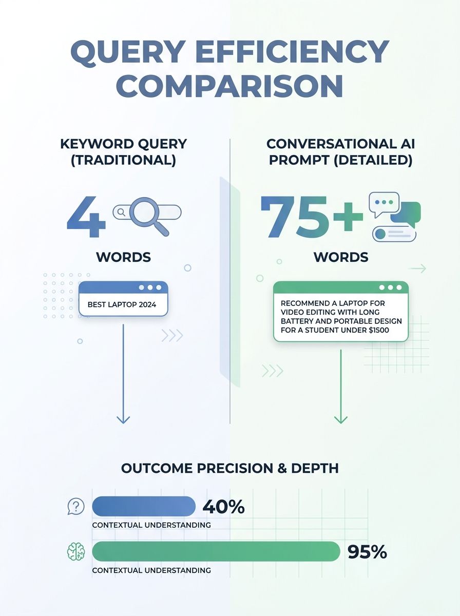 Split-screen comparison showing a short keyword query on one side and a detailed conversational AI prompt with the same intent on the other