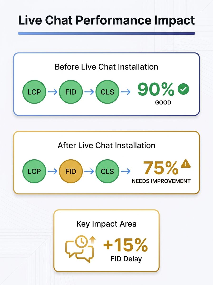 WordPress dashboard showing Core Web Vitals metrics before and after live chat installation