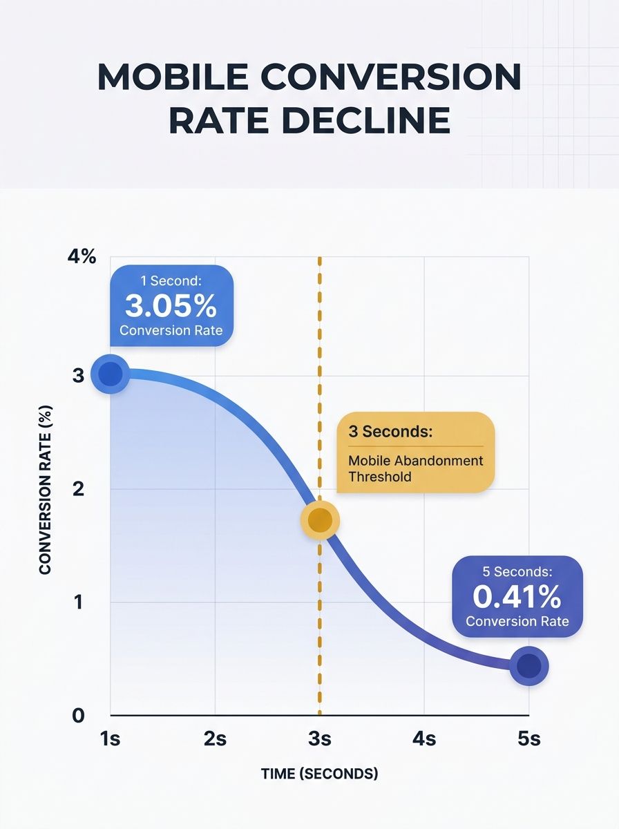 Data visualization showing conversion rate decline curve from 3.05% at one second to 0.41% at five seconds, with mobile abandonment threshold marked at three seconds