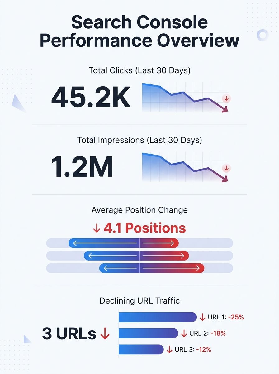 Dashboard showing Search Console performance metrics with declining traffic graphs and ranking position changes across multiple URLs