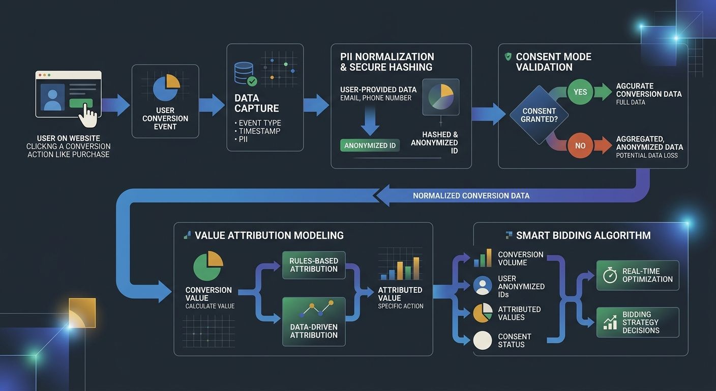 Flowchart diagram showing conversion tracking data flow from user action through PII normalization, Consent Mode validation, and value attribution to Smart Bidding algorithm