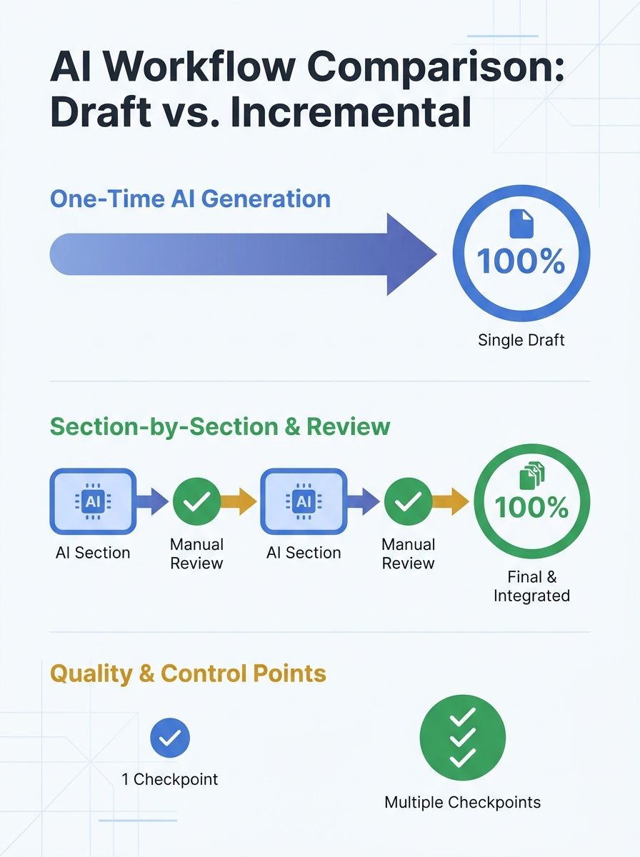 Split-screen comparison showing full AI draft versus incremental section-by-section workflow with manual review checkpoints at each stage