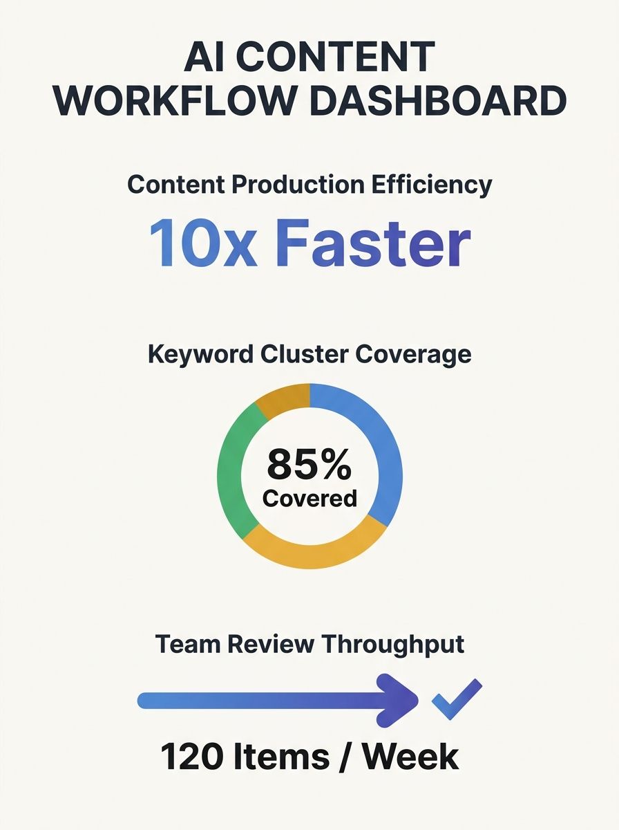 Marketing team reviewing AI content workflow dashboard showing baseline metrics and keyword cluster organization