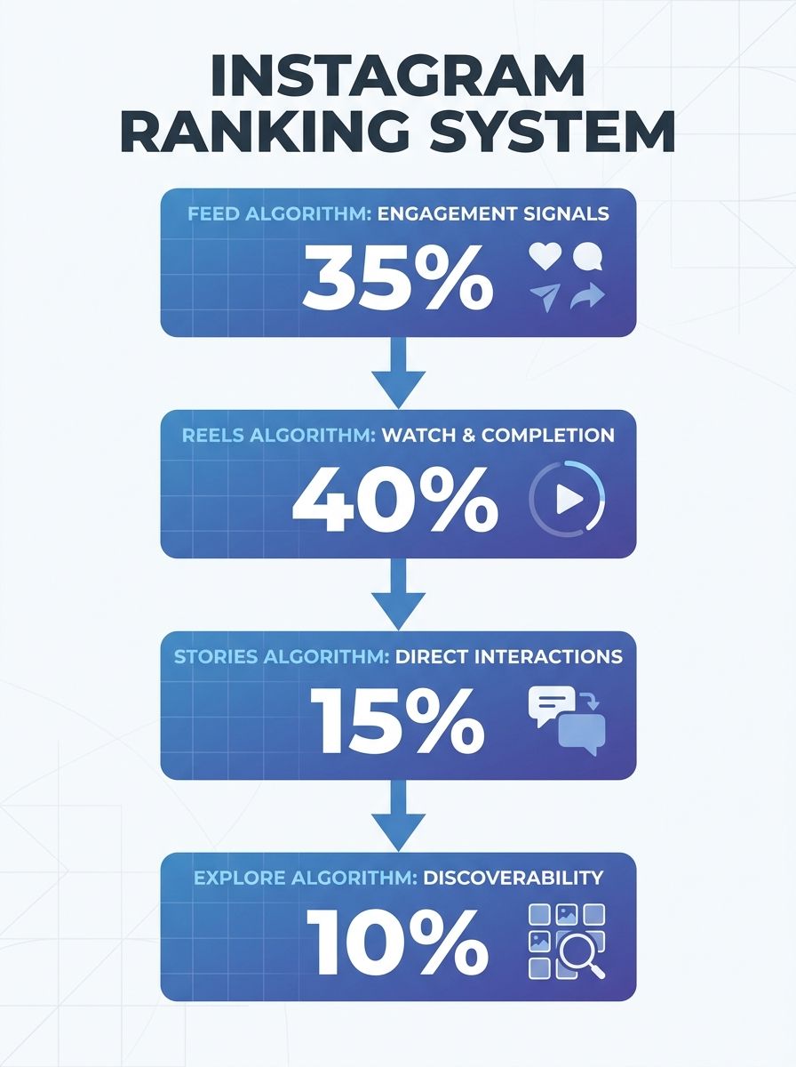 Instagram ranking system diagram showing separate algorithms for Feed, Reels, Stories, and Explore surfaces with signal weights
