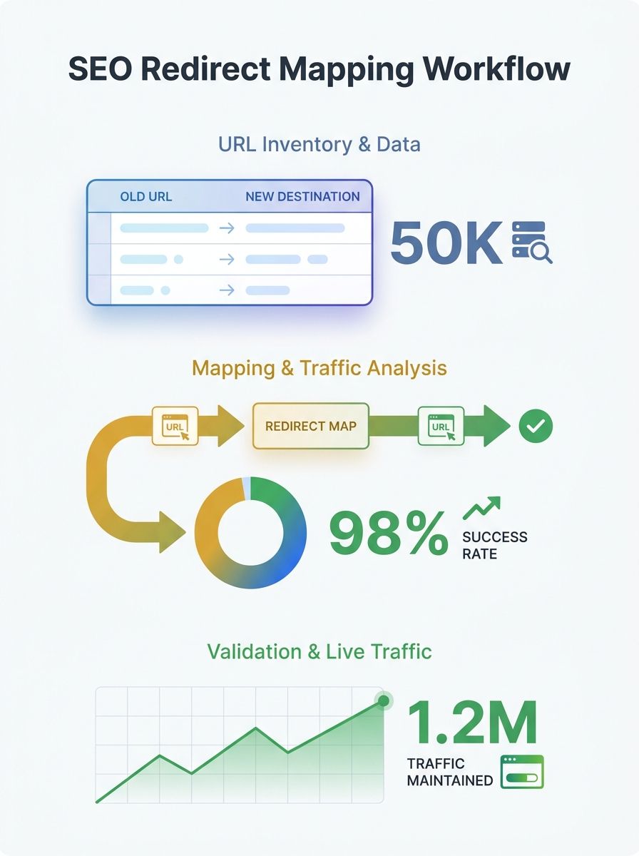 SEO migration redirect mapping workflow showing URL inventory spreadsheet with old URLs, new destinations, and traffic metrics