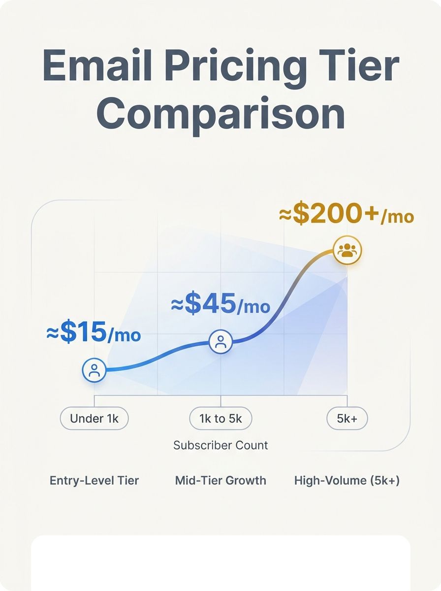 Comparison chart showing email marketing platform pricing tiers across different subscriber counts, with cost curves diverging sharply above 5,000 contacts