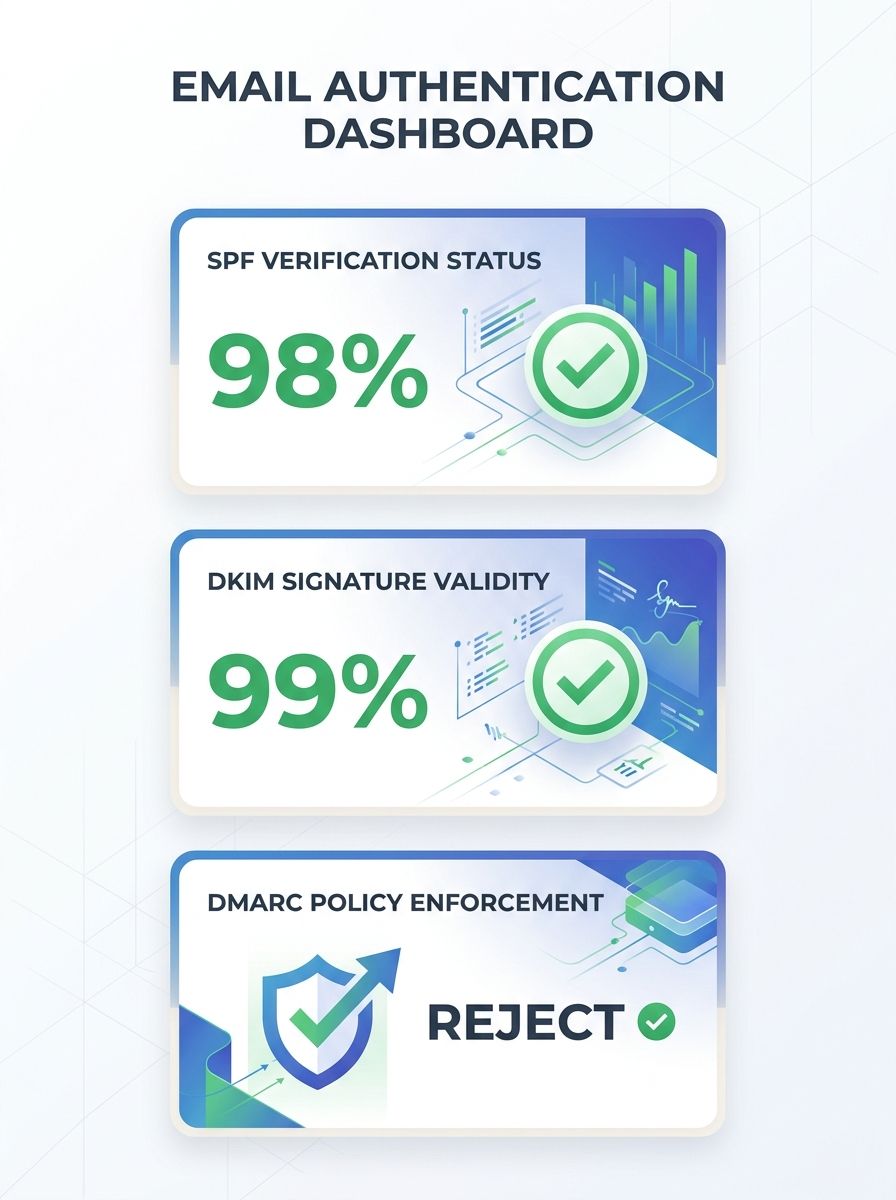 Email authentication dashboard showing SPF, DKIM, and DMARC verification status