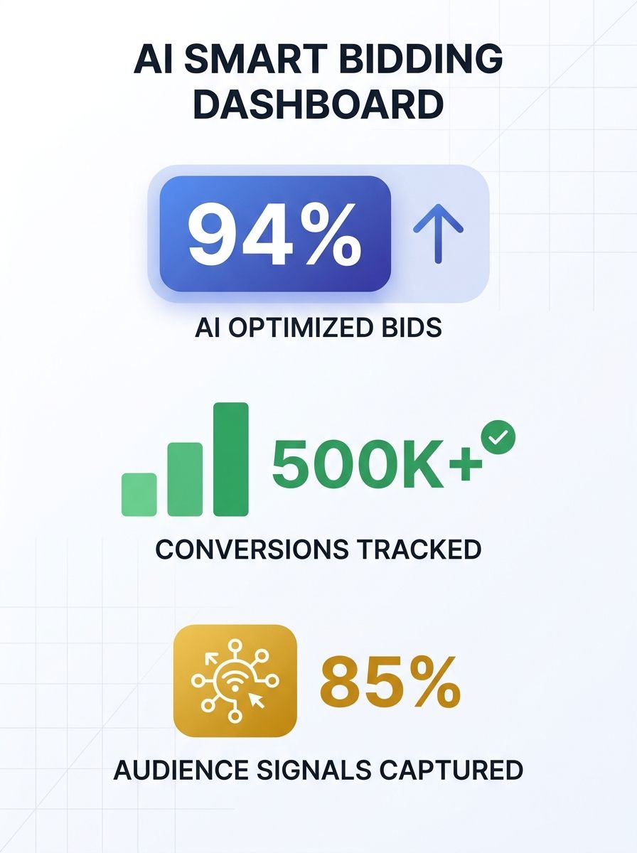 Dashboard showing AI-powered smart bidding interface with conversion tracking and audience signals