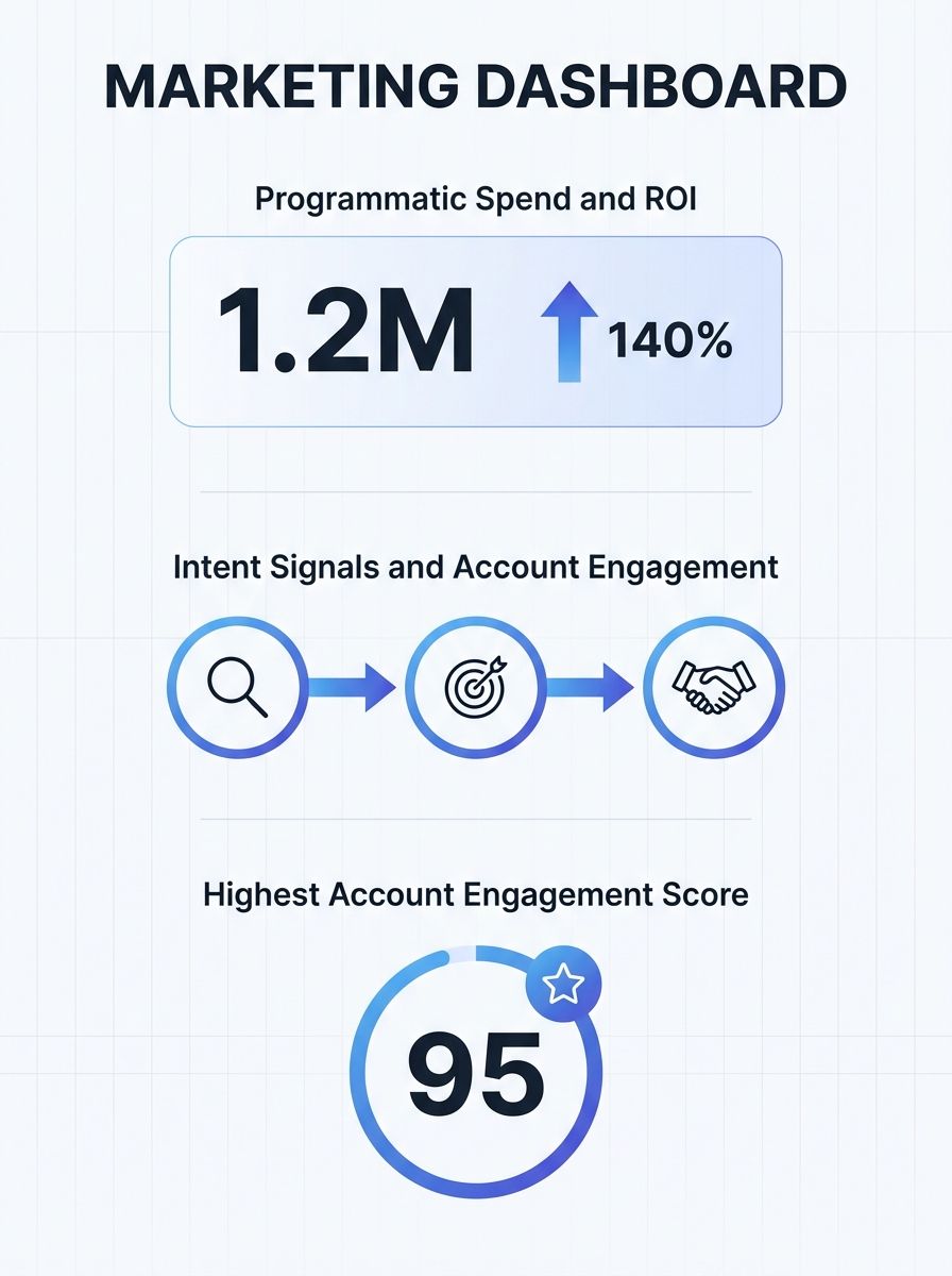 Marketing dashboard displaying programmatic advertising metrics with intent signal overlays and account engagement scores