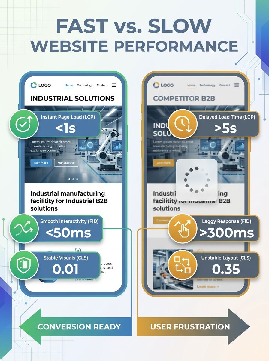 Split-screen comparison showing fast-loading industrial B2B website on left versus slow-loading competitor on right, with Core Web Vitals metrics overlay and mobile device frame
