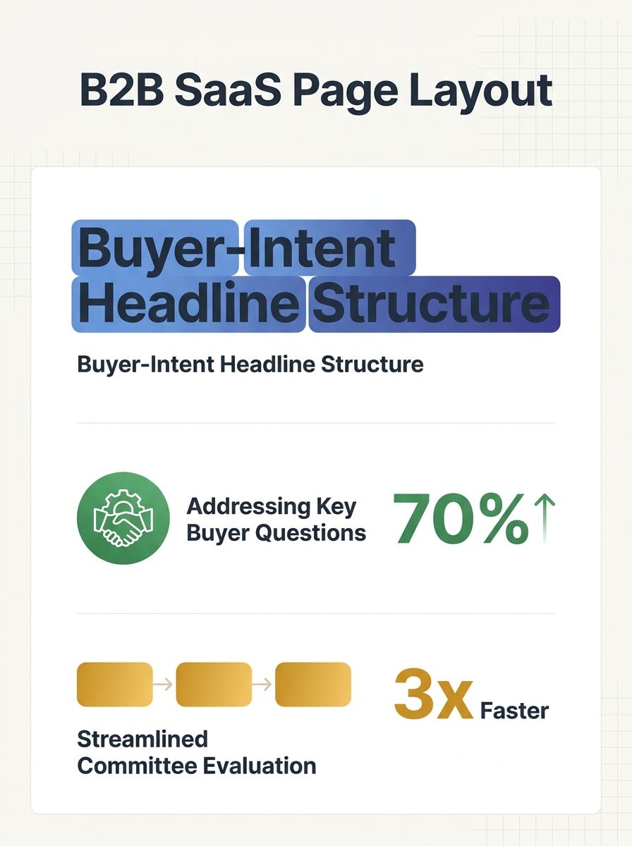 B2B SaaS product page layout showing buyer-intent headline structure above feature sections organized by buying committee questions
