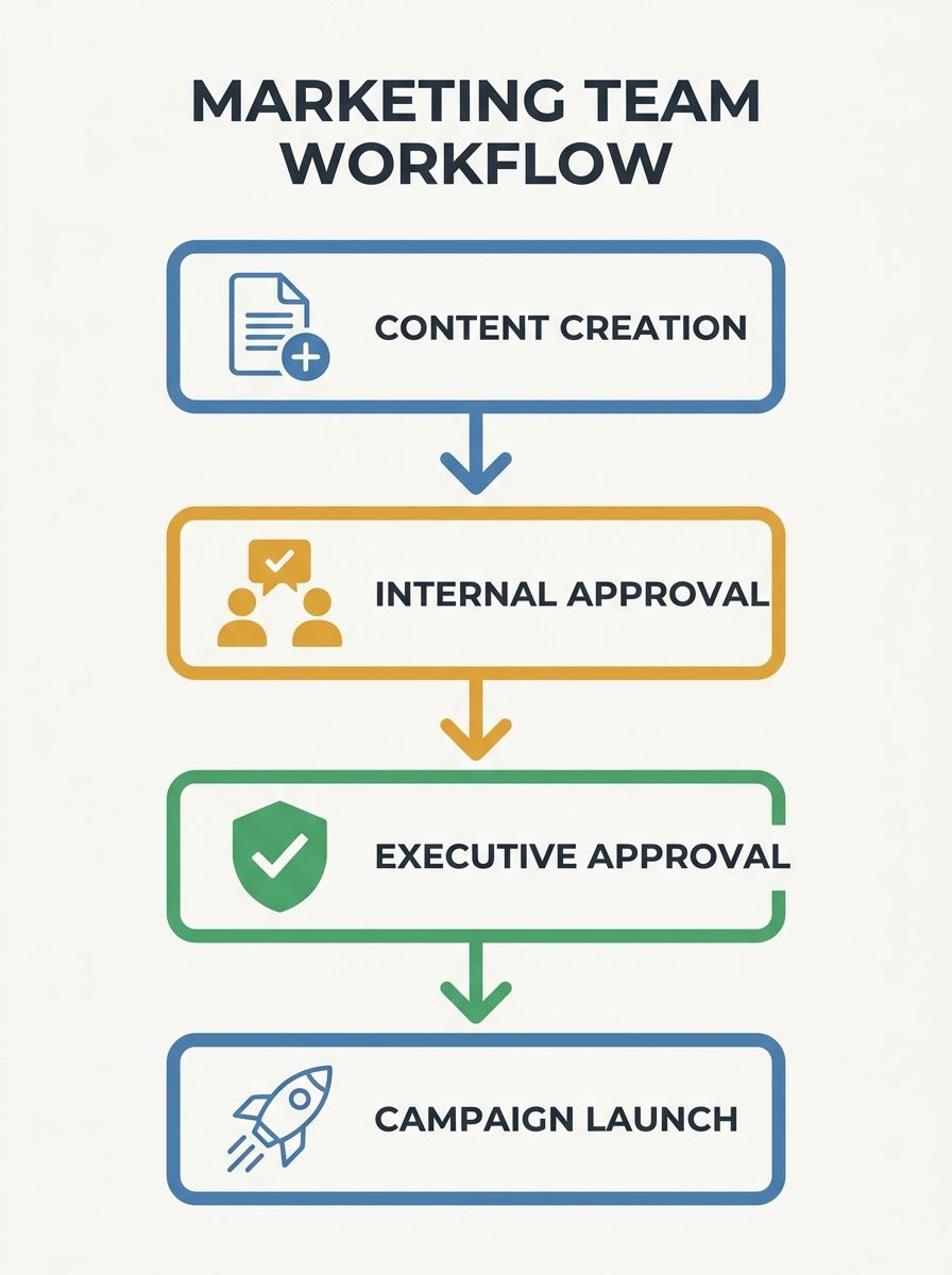 Marketing team workflow diagram showing multiple approval stages between content creation and campaign launch