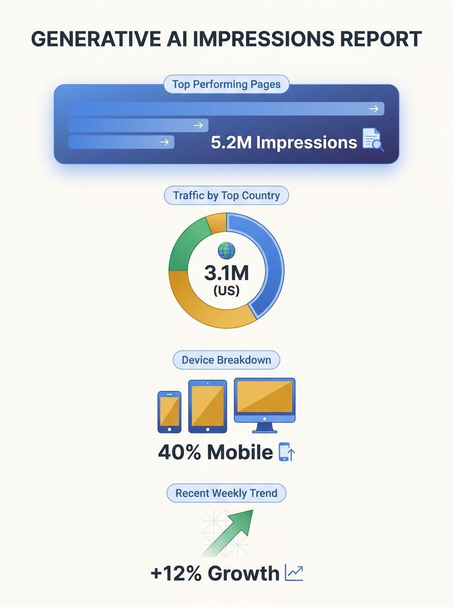 Search Console performance report interface showing generative AI tab with impression metrics organized by page, country, device and date