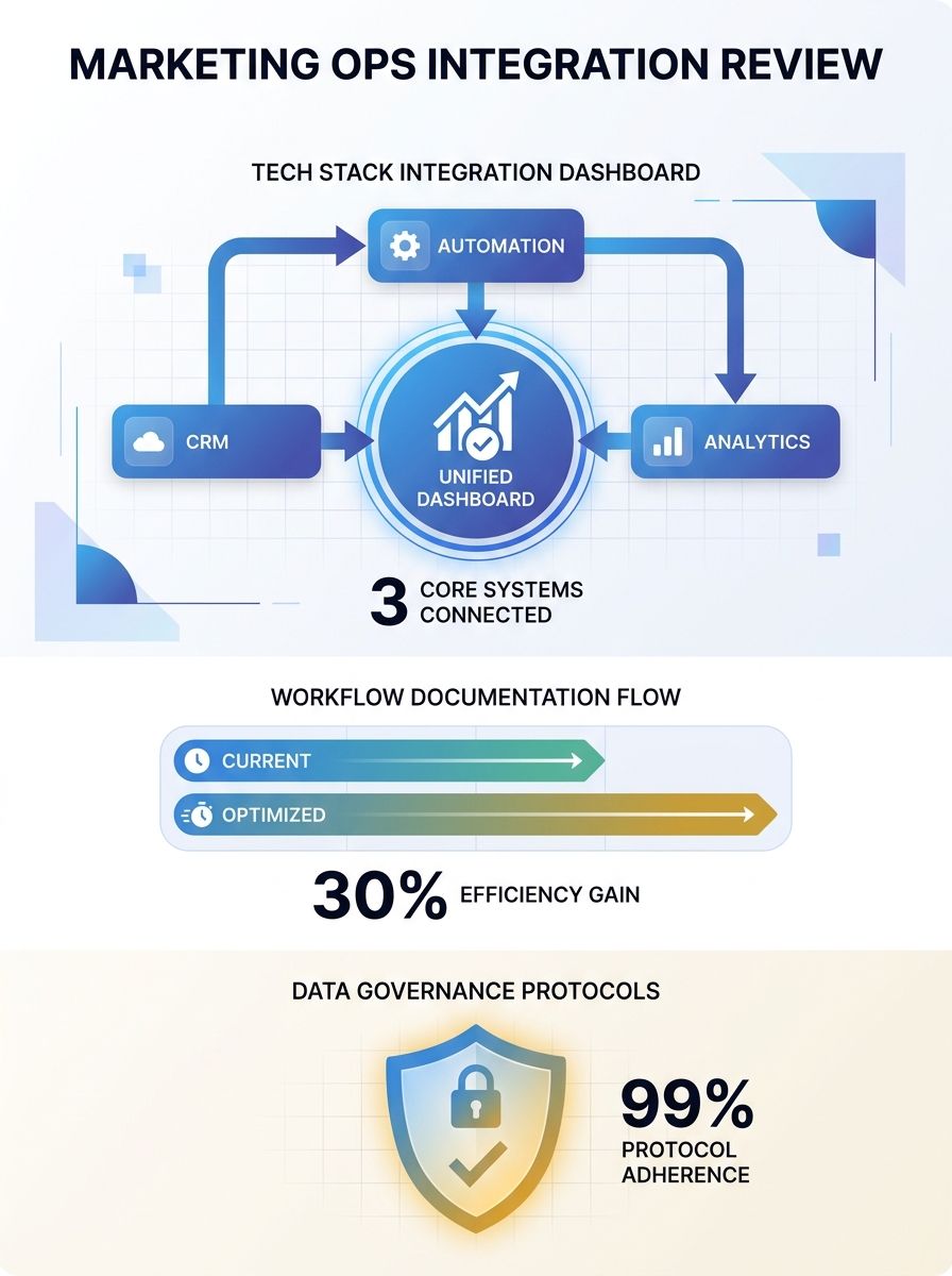 Marketing operations consultant reviewing technology stack integration dashboard with workflow documentation and data governance protocols