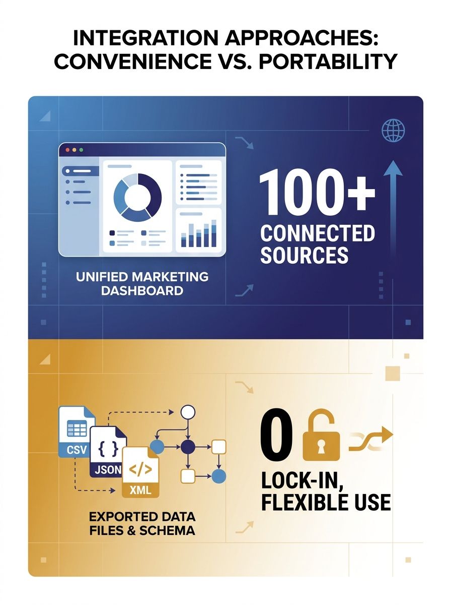 Split-screen visualization showing a unified marketing dashboard on one side and exported data files with schema documentation on the other, representing the contrast between convenience-focused and p