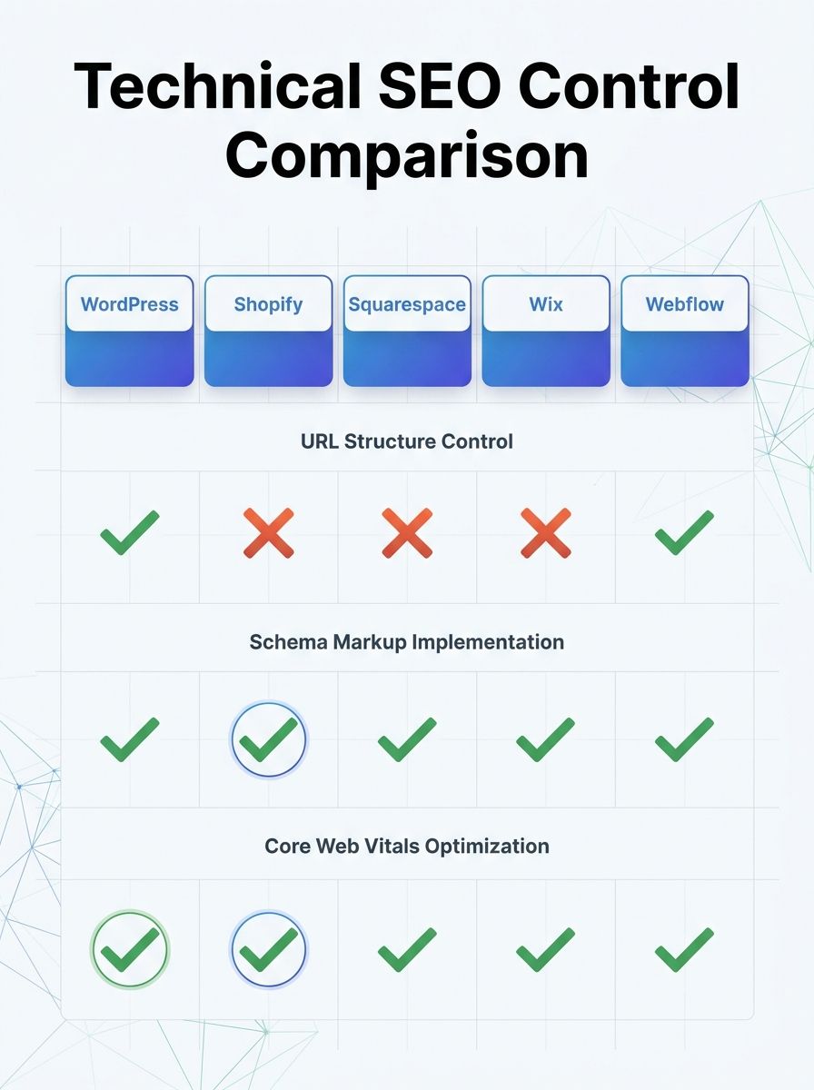 Side-by-side comparison chart showing technical SEO control differences across WordPress, Shopify, Squarespace, Wix, and Webflow platforms with checkmarks and X marks for capabilities like URL control