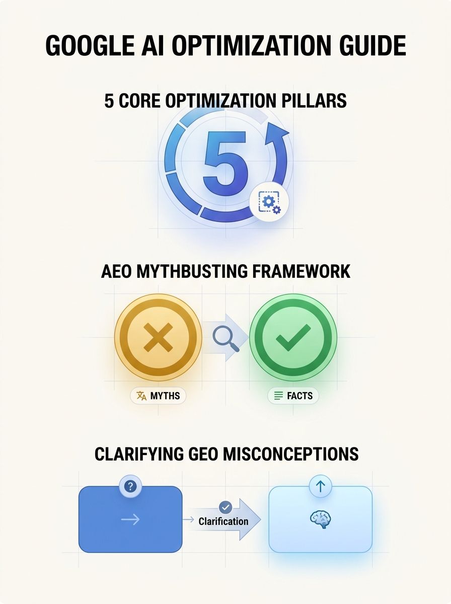Screenshot of Google's new generative AI optimization guide showing the five main sections and mythbusting framework for AEO/GEO misconceptions