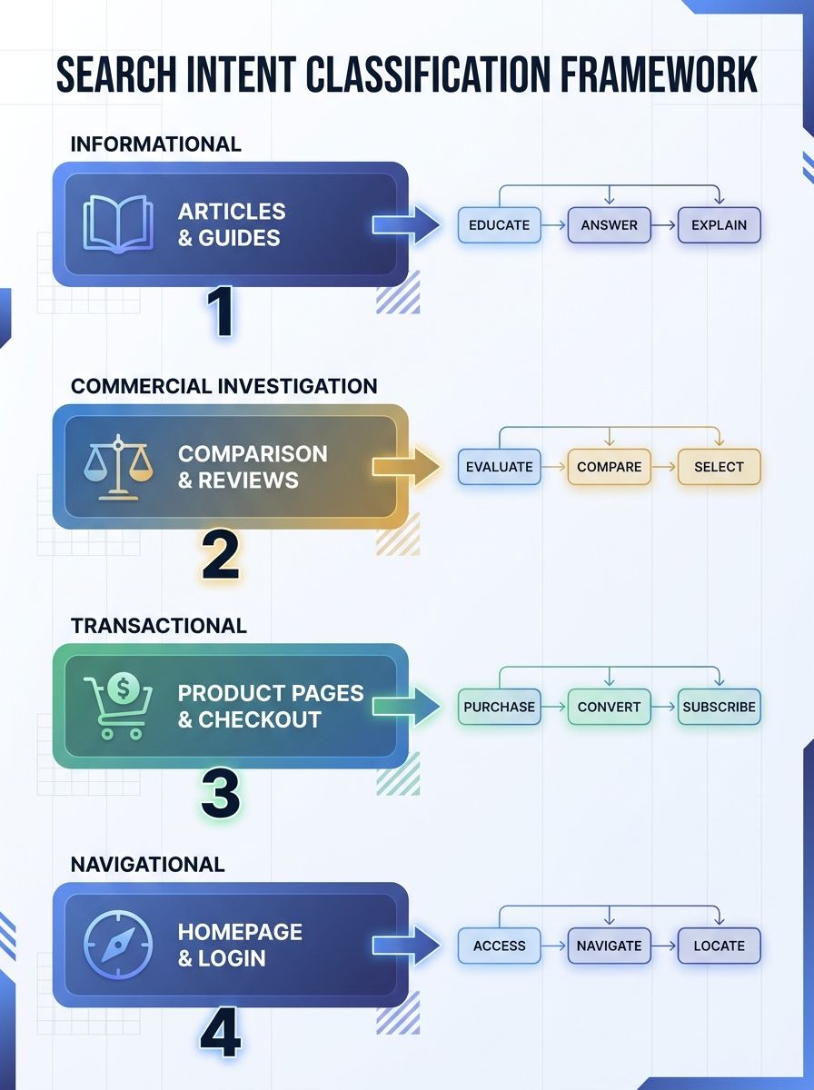 Four-quadrant search intent classification framework showing informational, commercial investigation, transactional, and navigational categories with corresponding page formats